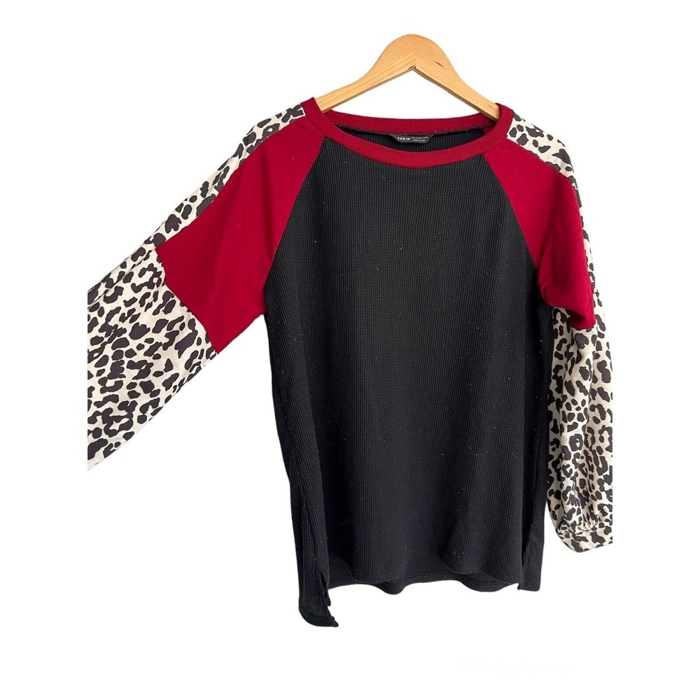 SHEIN Long Sleeve Black Red White Cow Print Shirt Top Size Large